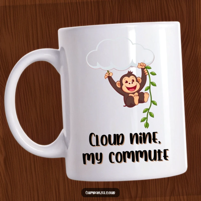 Funny chimpanzee character gleefully swinging from a fluffy cloud using a thick vine attachment, embodying pure, unadulterated joy.