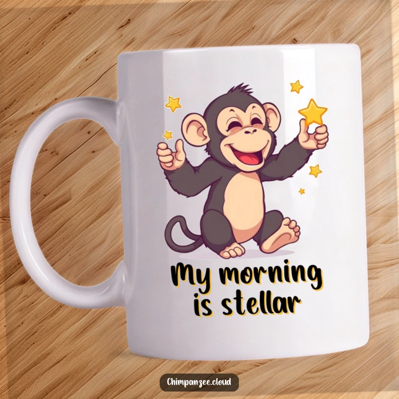 Funny chimpanzee character playfully juggling small, glowing stars, creating a sense of wonder and lighthearted fun.