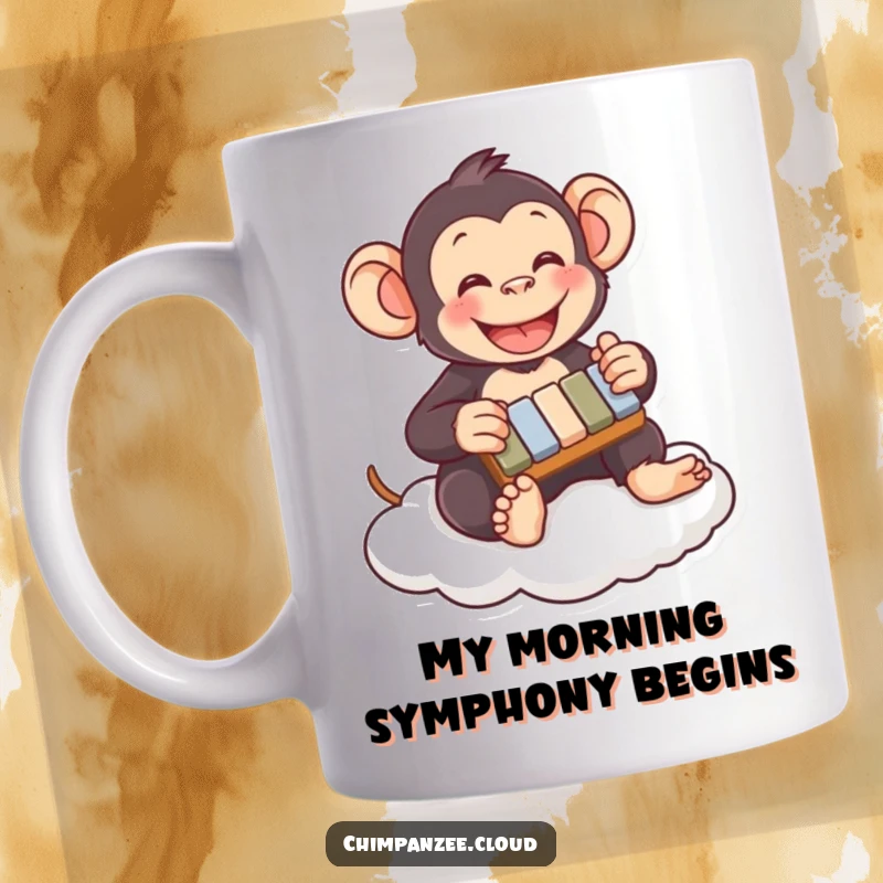 Funny chimpanzee mug playing a tiny xylophone on a fluffy cloud, radiating pure happiness and musical delight for a cheerful gift.