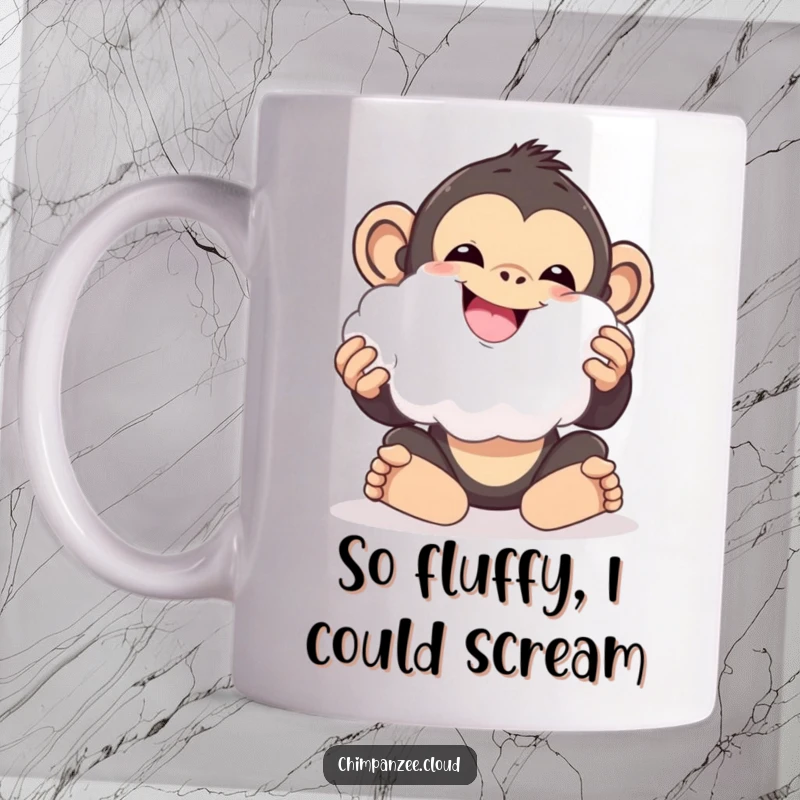 Funny chimpanzee delightedly playing with a soft ball of cloud fluff, pure joy and whimsy.