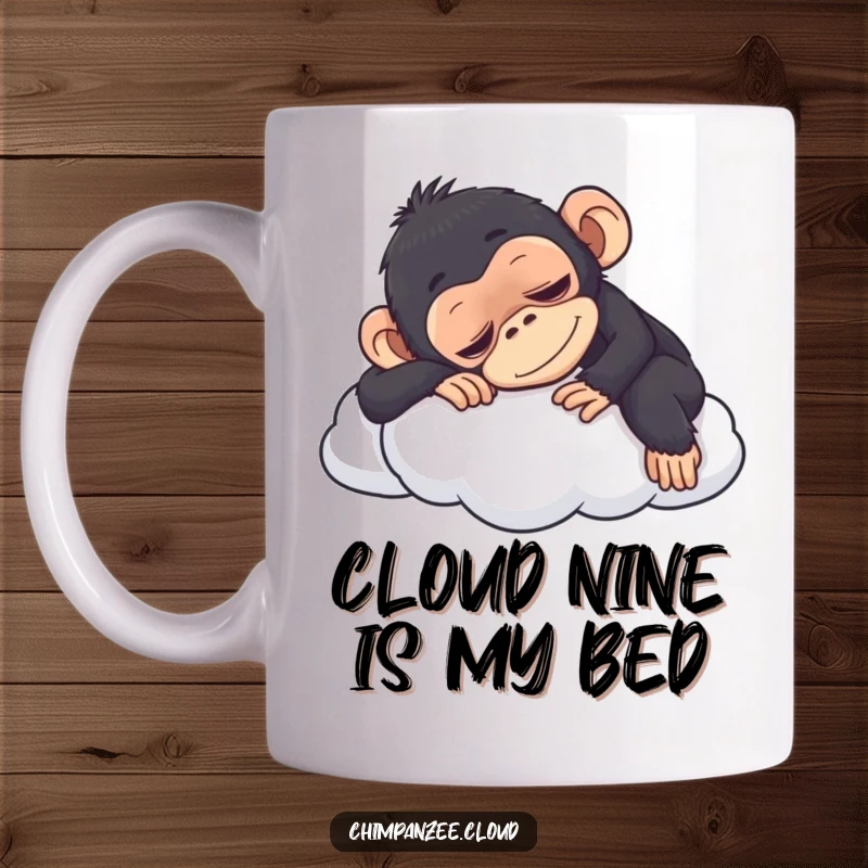 Funny chimpanzee napping peacefully on a fluffy cloud, embodying ultimate relaxation and contentment, a humorous gift idea.