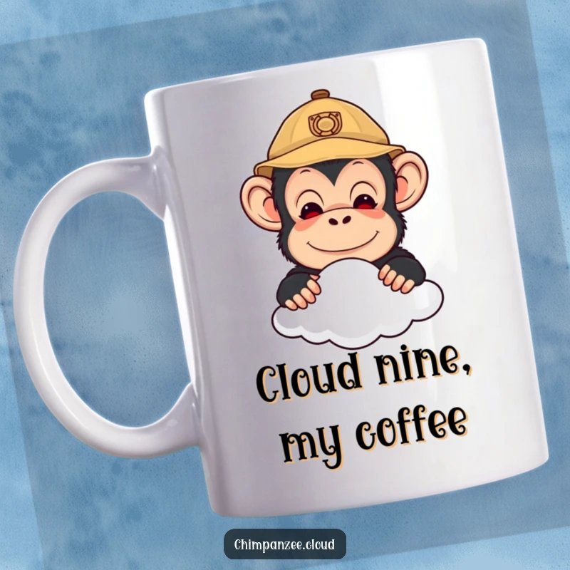Funny mug featuring a cute chimpanzee in an explorer hat, curiously peering over a fluffy cloud, ready for adventure.