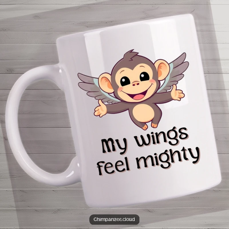 Funny mug with a smiling chimpanzee character soaring through the air, struggling with tiny, adorable wings. A humorous and uplifting sight.