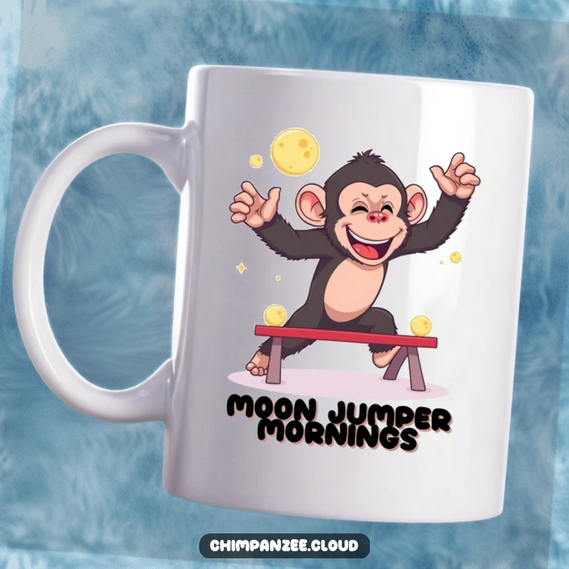 Funny giggling chimpanzee mug, playing leapfrog with tiny moons, whimsical space theme, joyful primate art.