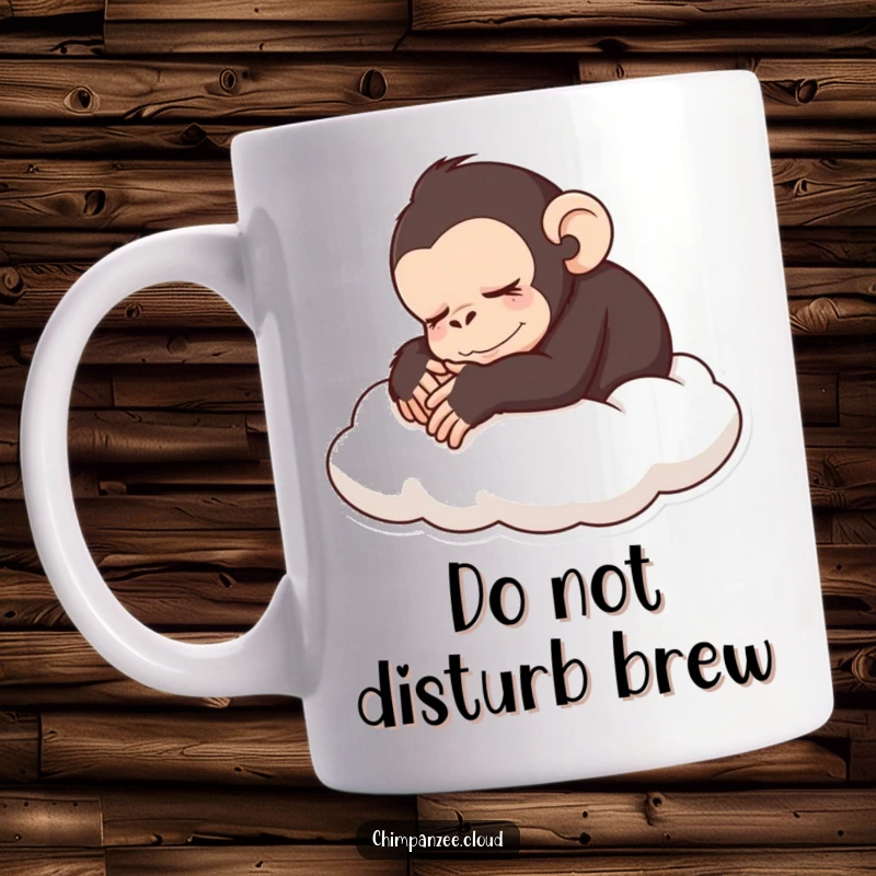 Funny sleeping chimp mug with a peaceful chimpanzee curled up on a cloud, perfect funny gift for relaxation.