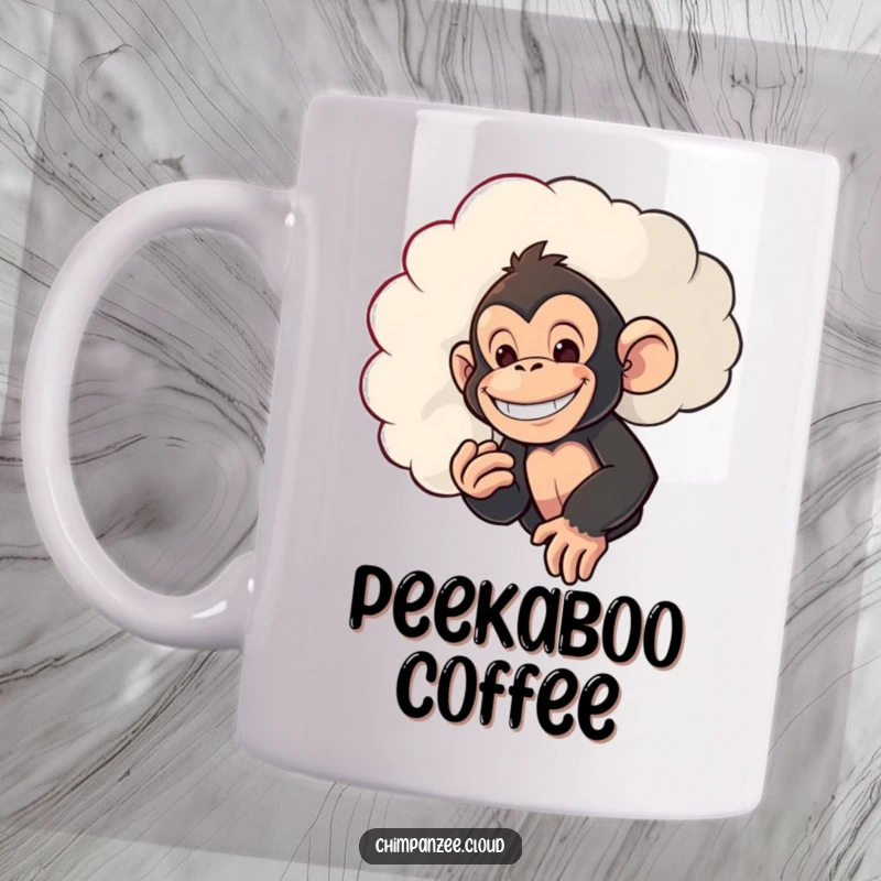 Funny mug featuring a mischievous chimpanzee with a grin, peeking out from behind a large cloud, embodying playful curiosity.