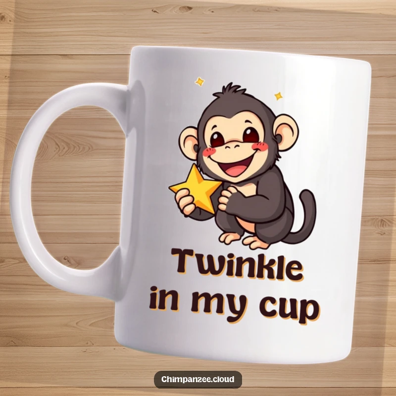 Funny mug featuring a smiling chimpanzee with wide, delighted eyes, holding a sparkling star, radiating pure joy and wonder.