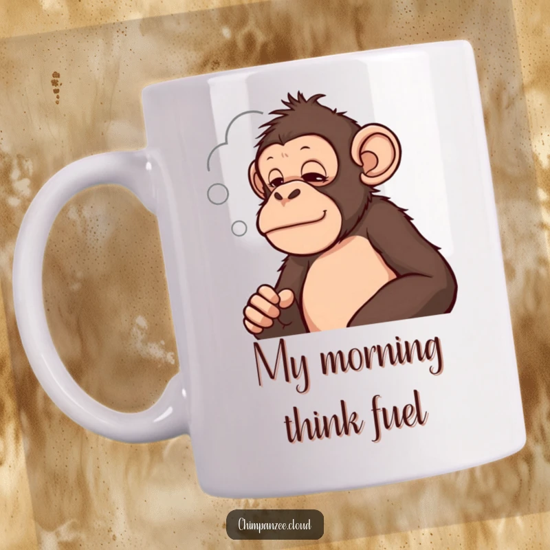 Funny chimpanzee gazing thoughtfully at a cloud shape, representing contemplation and curiosity, a humorous mug design.