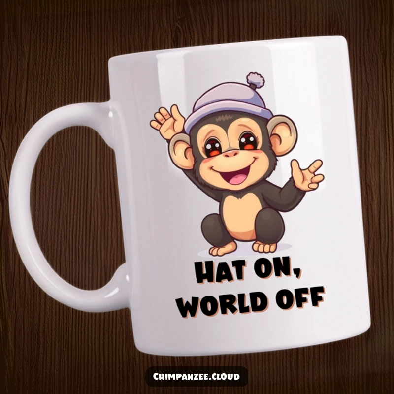 Funny mug showing a happy chimpanzee wearing a small, stylish hat and enthusiastically waving hello.