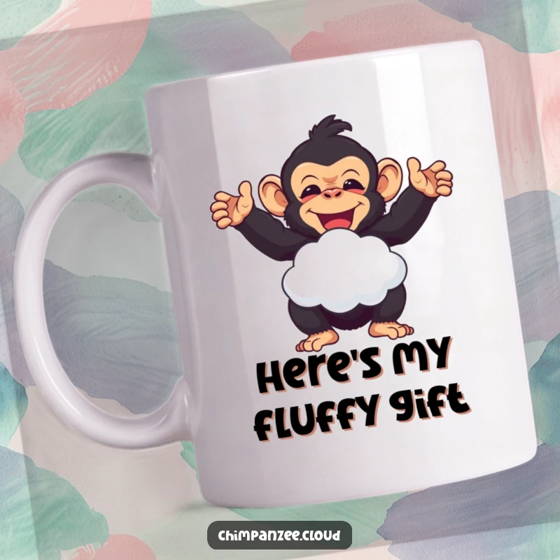 Funny delighted chimpanzee offering a soft cloud puff, depicted on a humorous mug for a funny gift.