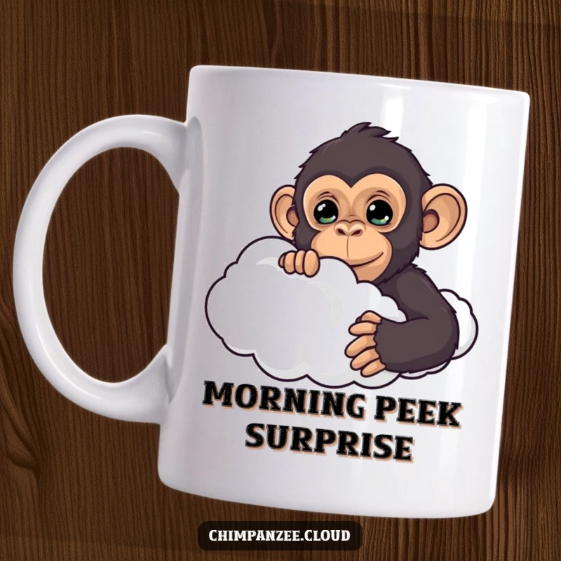 Funny chimpanzee peeking with wide, curious eyes from behind a soft, fluffy cloud, a whimsical and humorous scene.