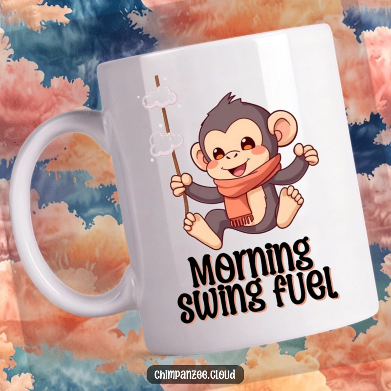 Funny mug showing a playful chimpanzee wearing a scarf, joyfully swinging from delicate cloud wisps, full of whimsical energy.