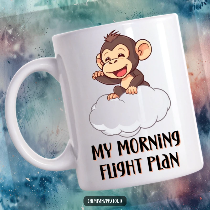 Funny chimpanzee riding a fluffy cloud, looking mischievous and determined, perfect for a funny mug gift.