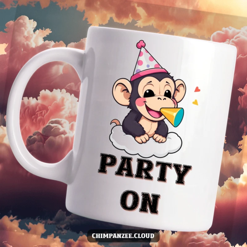 Funny chimpanzee wearing a party hat and blowing a noisemaker on a cloud, capturing the essence of celebration and humor.