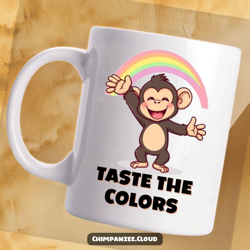 Funny chimpanzee joyfully reaching for a colorful rainbow arc, full of happiness, ideal for a funny mug.