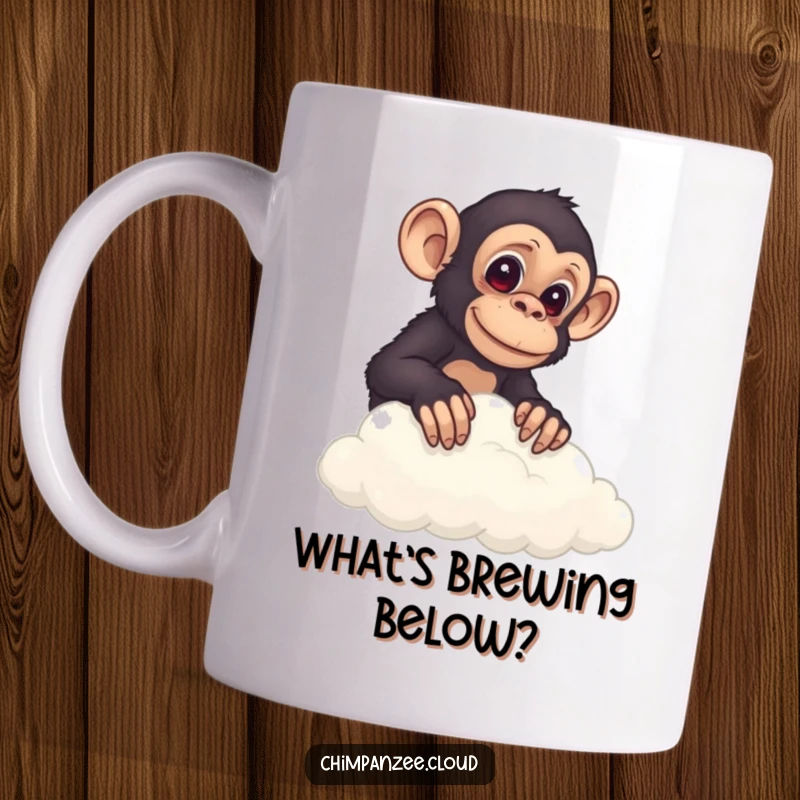 Funny chimp curiously peeking over the fluffy edge of a cloud, with wide, interested eyes.