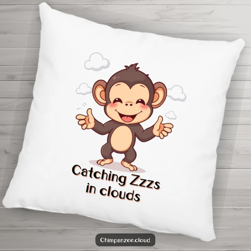 Funny chimp pillow showcasing a cheerful chimpanzee character skillfully juggling fluffy white clouds.