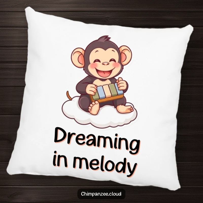 Funny chimpanzee pillow playing xylophone on a cloud, a soft and humorous decor item for adding a touch of silliness.