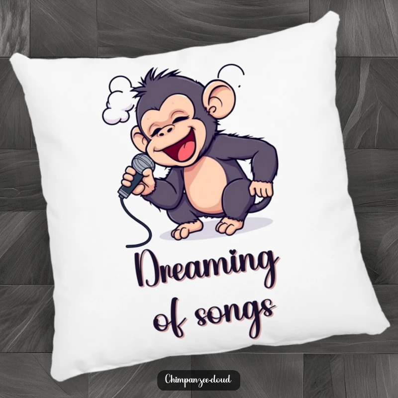 Funny Chimp Rockstar Pillow: A playful chimpanzee sings into a cloud with a microphone, a soft and humorous accent.