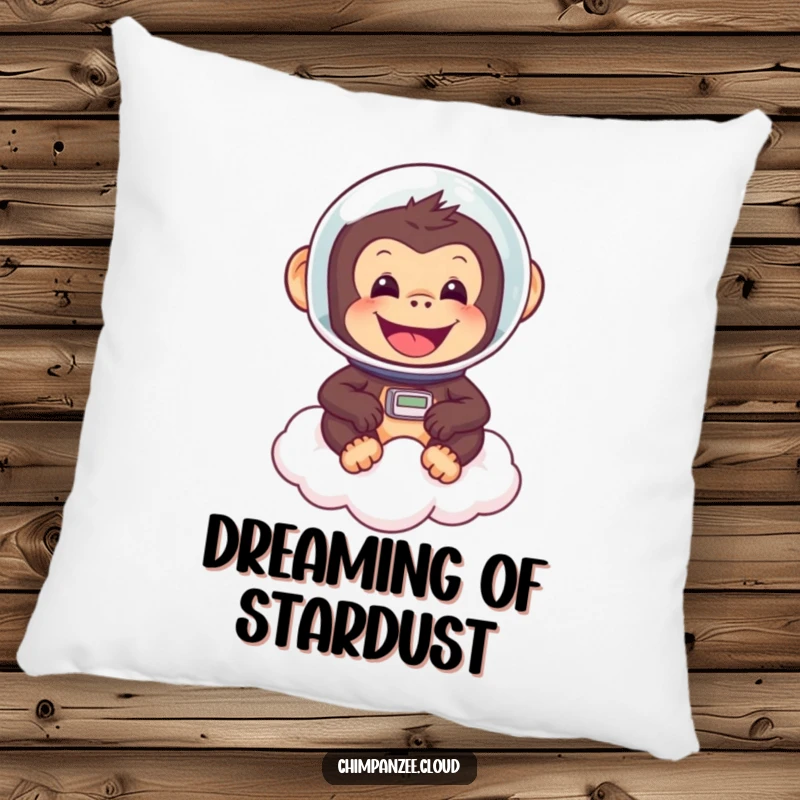 Funny chimpanzee astronaut floating on a cloud, cheerful and cute, a soft decorative pillow for cozy spaces.