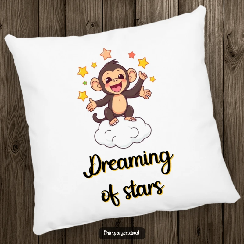 Funny pillow featuring an adorable chimpanzee juggling colorful stars above a cloud, perfect for a dreamy atmosphere.
