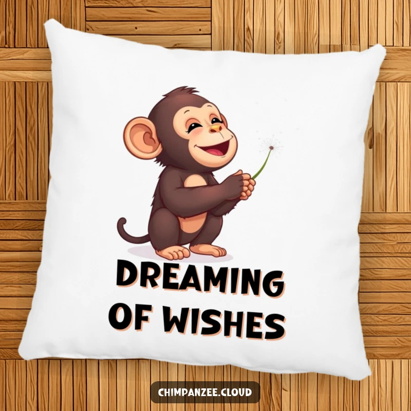 Funny chimpanzee pillow, blowing dandelion seeds into a starry sky, soft whimsical decor, cozy and dreamy.