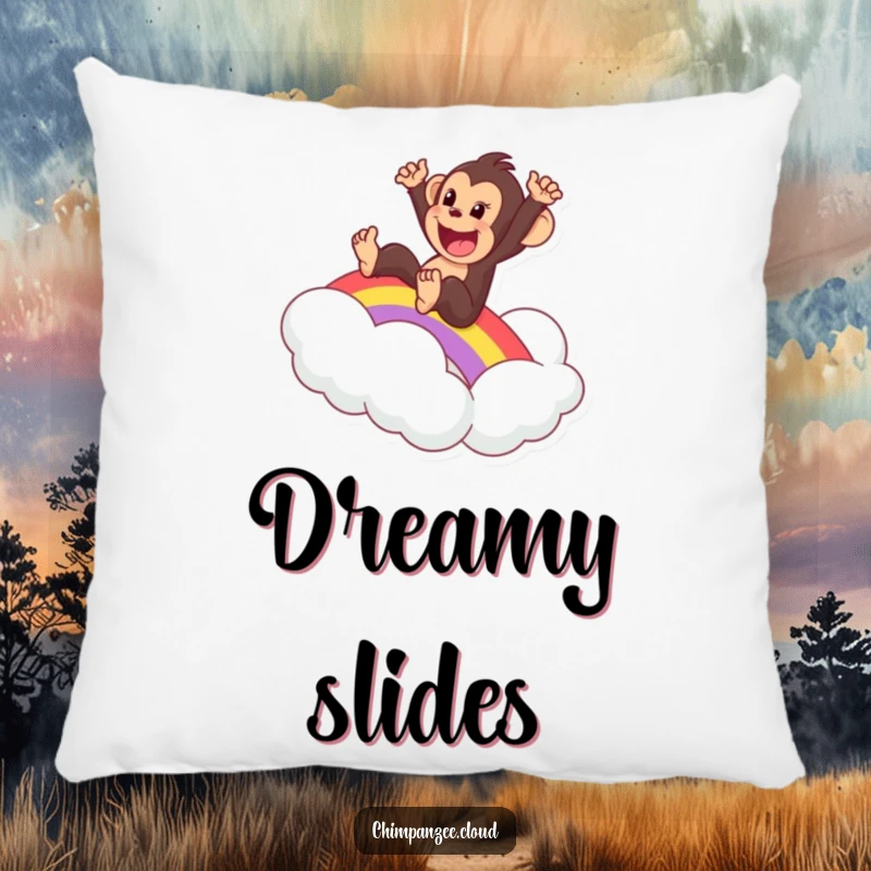 Funny decorative pillow with an excited chimpanzee sliding down a rainbow onto a cloud, a soft and whimsical accent.