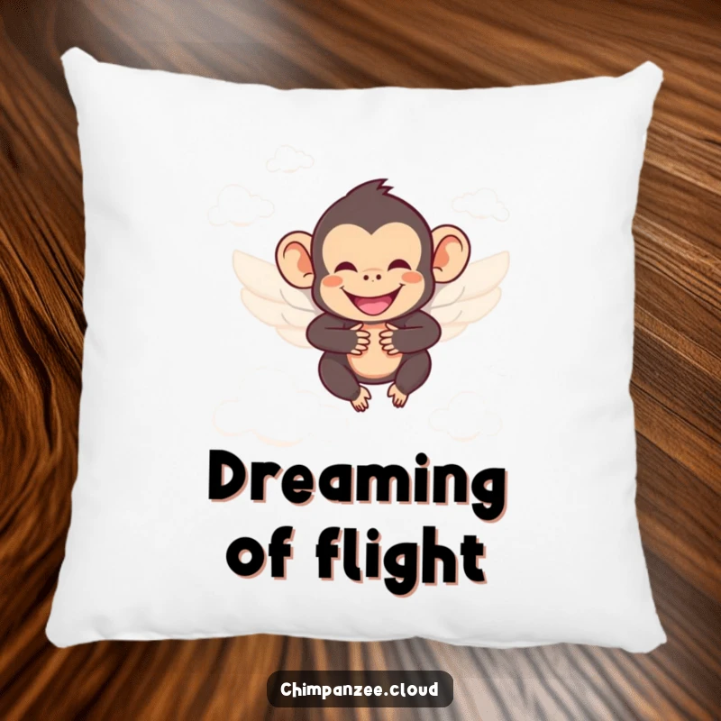 Funny chimpanzee with wings, smiling, soaring between clouds, soft and comfortable pillow for heavenly relaxation.