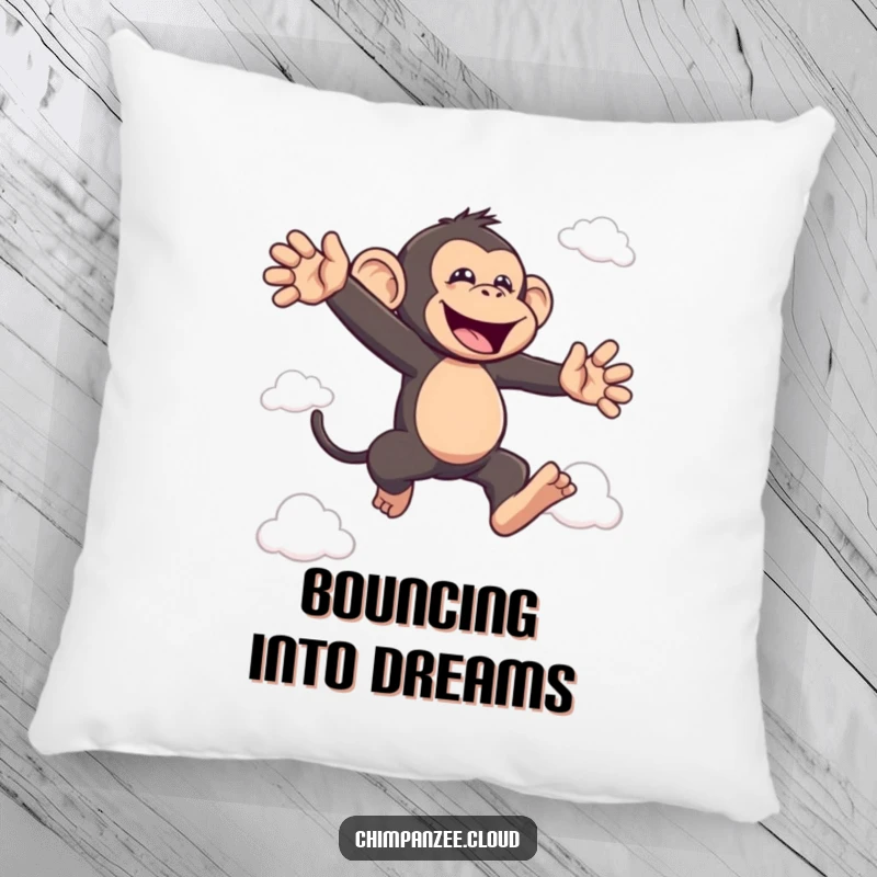 Funny bouncing chimp pillow with a joyful chimpanzee leaping between clouds, perfect funny gift for comfort.