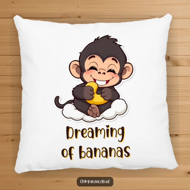 Funny chimp pillow with a grinning chimpanzee holding a banana, relaxing on a cloud, perfect funny gift for sofa.
