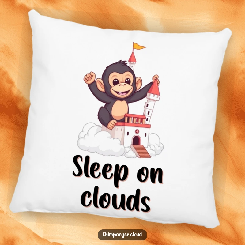 Funny pillow featuring a mischievous chimpanzee building a castle out of soft, fluffy clouds.