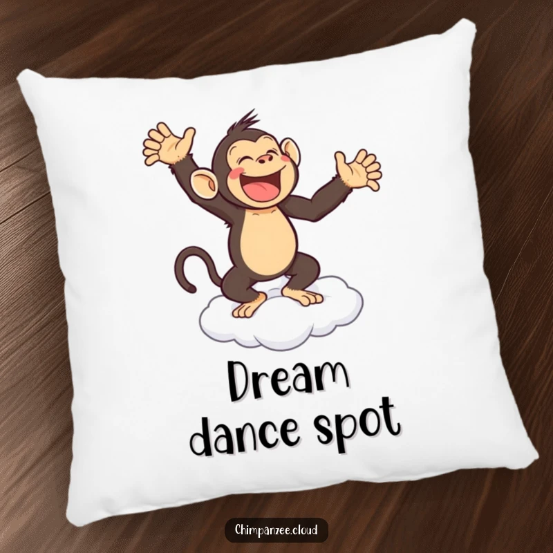 Funny pillow featuring a joyful chimpanzee dancing on a cloud, adding comfort and whimsical humor.
