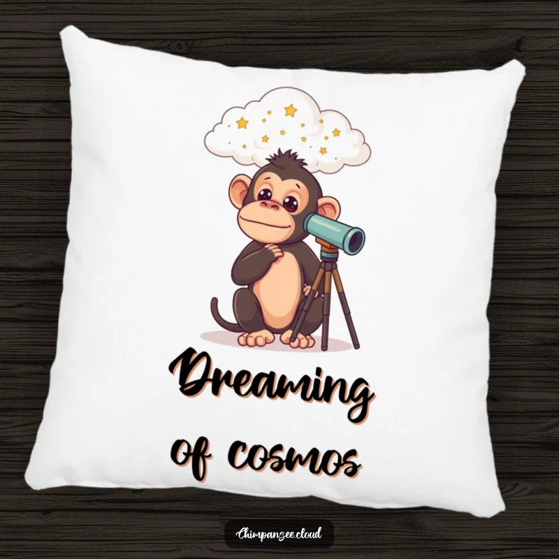 Funny Chimp Pillow: Soft pillow featuring a curious chimpanzee with a telescope on a cloud, looking at stars, offering comfort and humor, a funny gift.