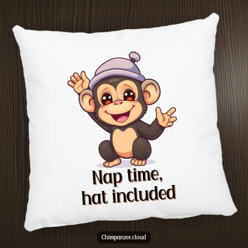 Funny pillow featuring an adorable chimpanzee wearing a small hat and waving hello with a joyful expression.