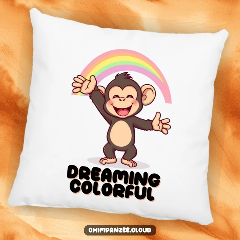 Funny chimpanzee reaching for a rainbow, plush pillow for comfort and cheerful vibes.