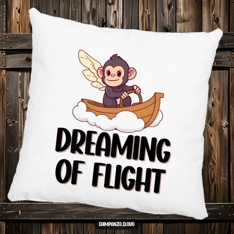Funny chimpanzee in a cloud boat, designed on a soft pillow, perfect for adding humorous comfort to any room.