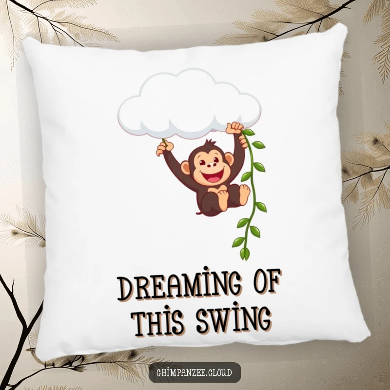 Funny chimpanzee character gleefully swinging from a cloud, designed as a soft, huggable pillow for ultimate comedic comfort.