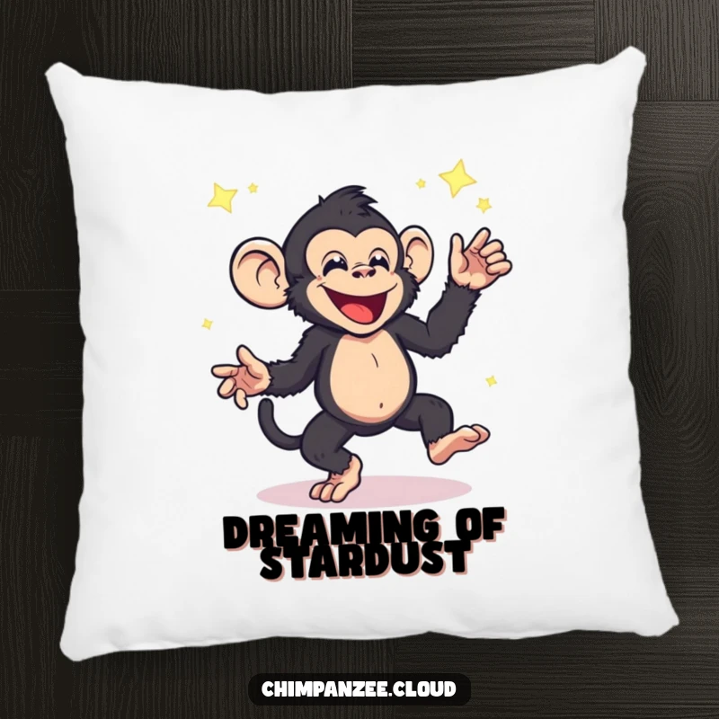 Funny chimpanzee pillow, energetic character dancing with mystical floating star dust, a soft and humorous decorative accent.