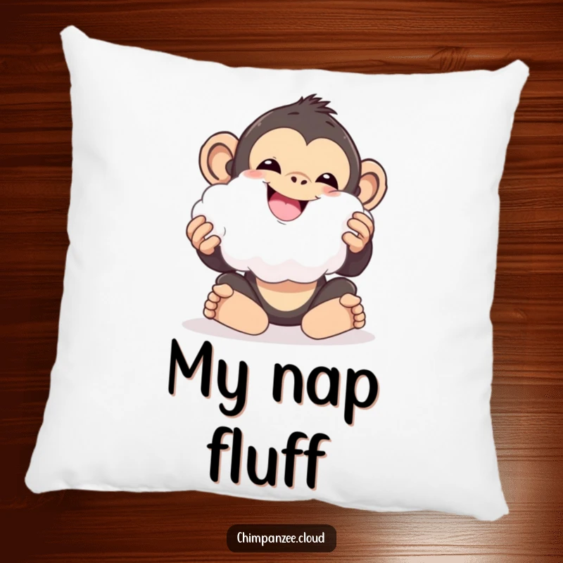 Funny chimpanzee playing with a cloud ball, soft and cuddly pillow, embodying delight.