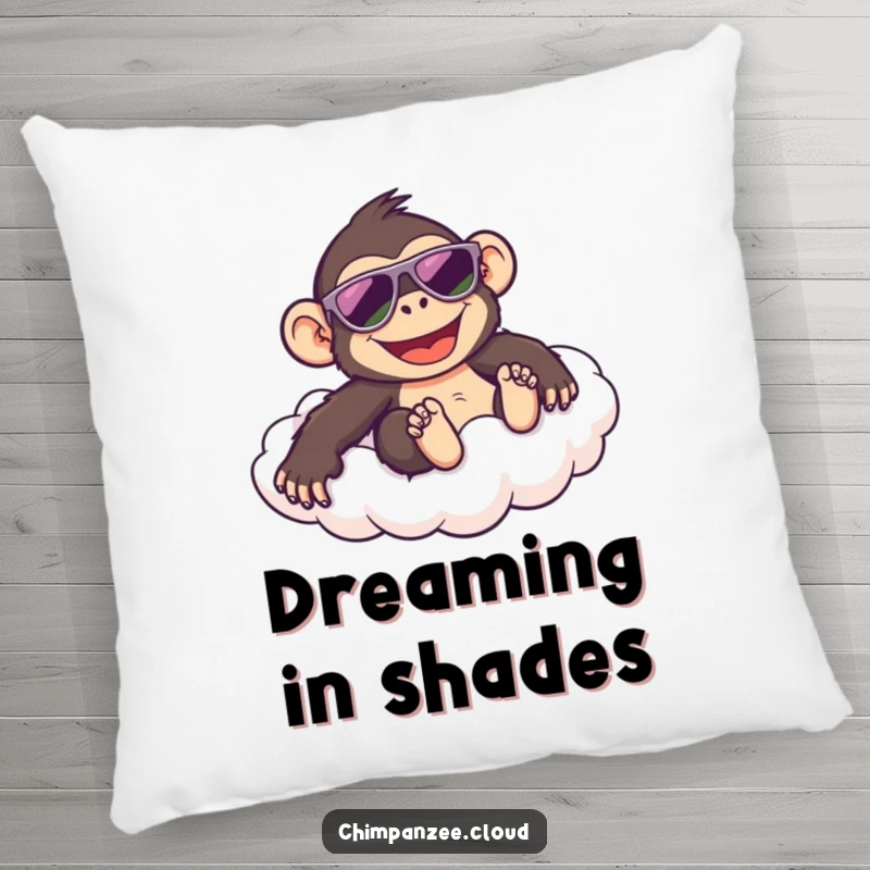 Funny pillow featuring a happy chimpanzee in sunglasses, sliding down a cloud, perfect for adding comfort and a cool, humorous touch.