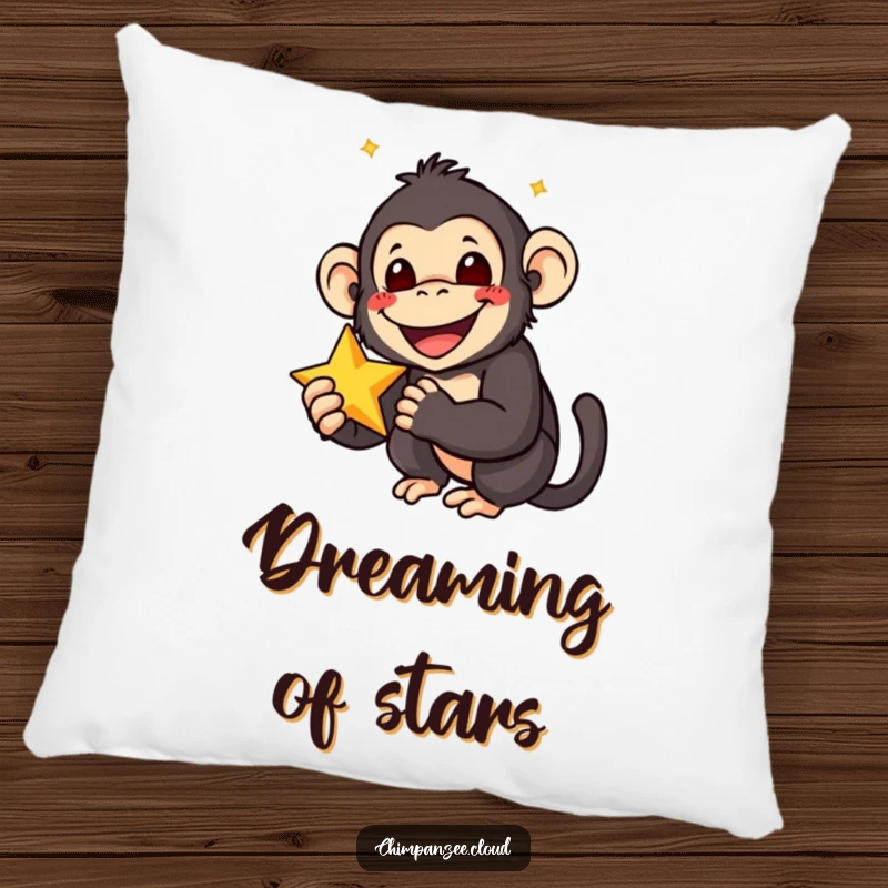 Funny pillow featuring a smiling chimpanzee with wide eyes, holding a star, offering comfort and a touch of delightful joy.