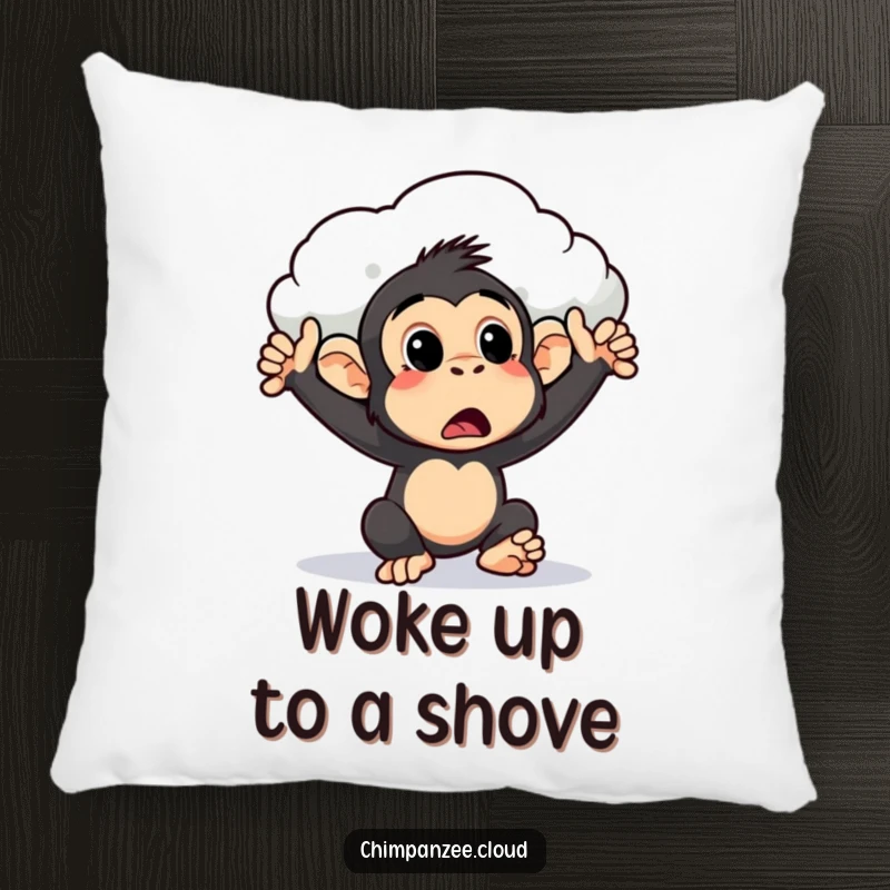 Funny surprised chimpanzee pillow being pushed by a cloud, a soft and humorous decor item for adding a touch of silliness.