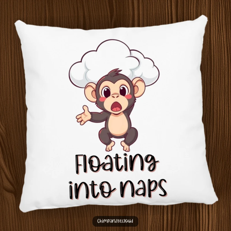 Funny surprised chimpanzee being gently tossed by a cloud, depicted on a soft pillow for humorous comfort and decor.