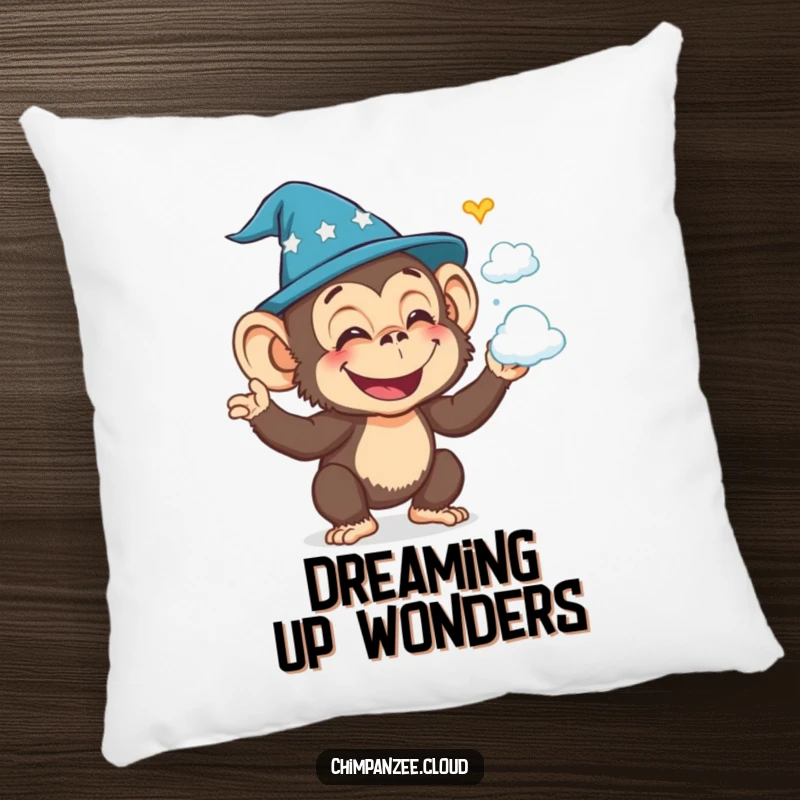 Funny chimpanzee wizard conjuring cloud shapes, soft and comfortable pillow, embodying playful magic.