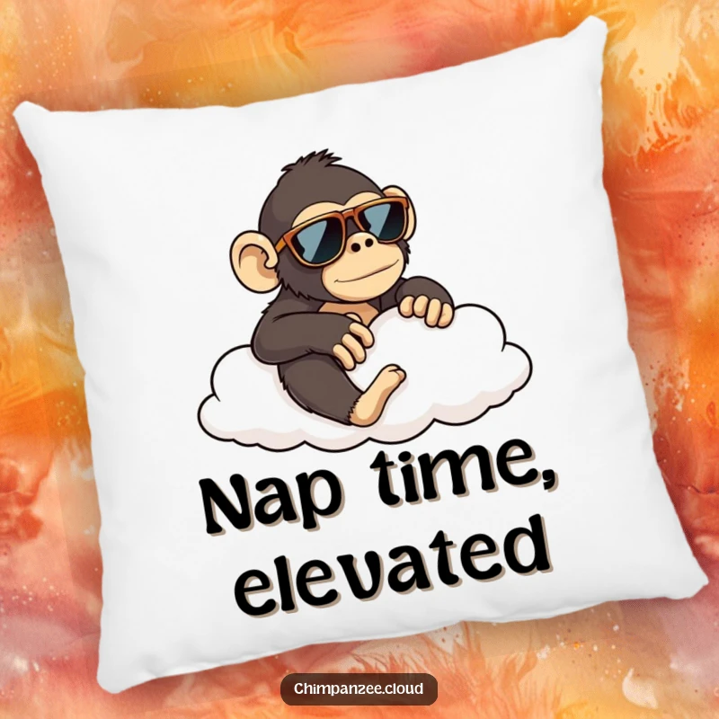 Funny chimpanzee in sunglasses lounging on a cloud, a soft and humorous decorative pillow for a funny gift.