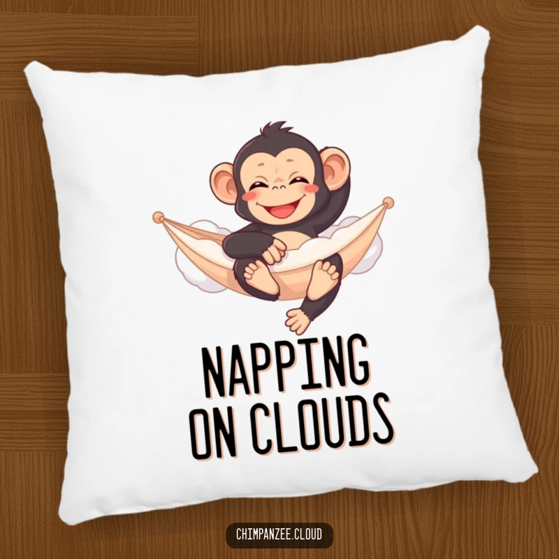 Funny chimpanzee pillow, relaxing on a cloud hammock, soft serene decor, cozy and comforting accent.