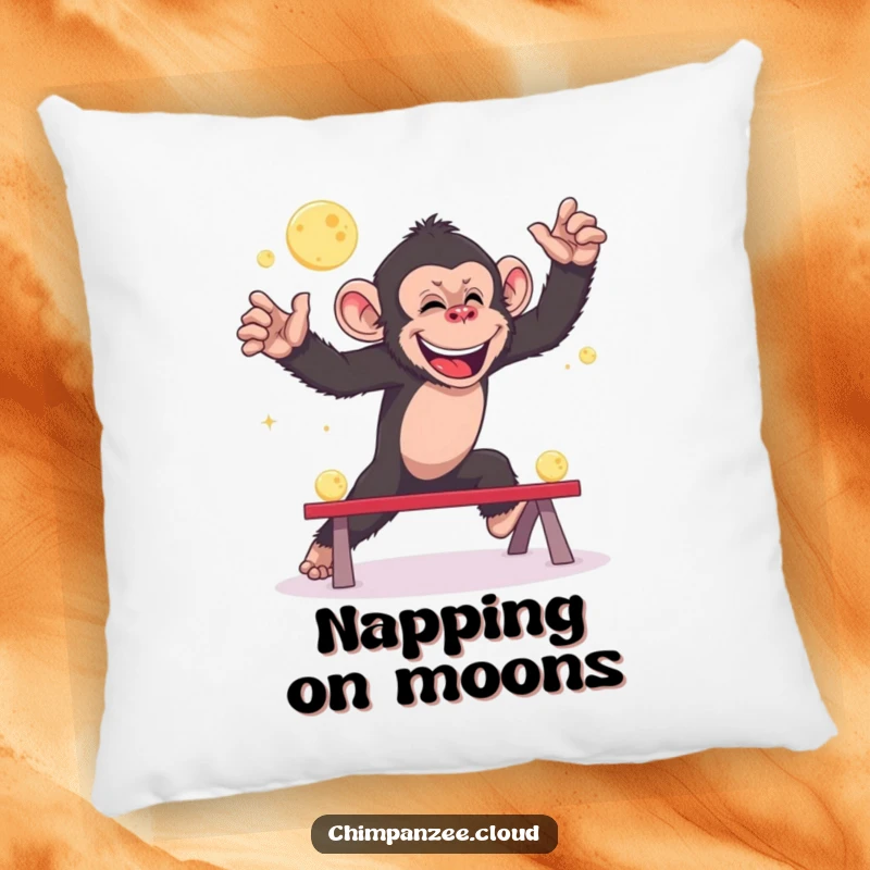 Funny chimpanzee pillow, playing leapfrog with tiny moons, soft whimsical space decor, comfy and cute accent.