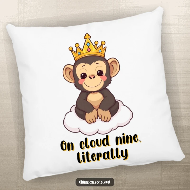 Funny pillow with a cute chimpanzee wearing a crown, lounging regally on a soft cloud throne.