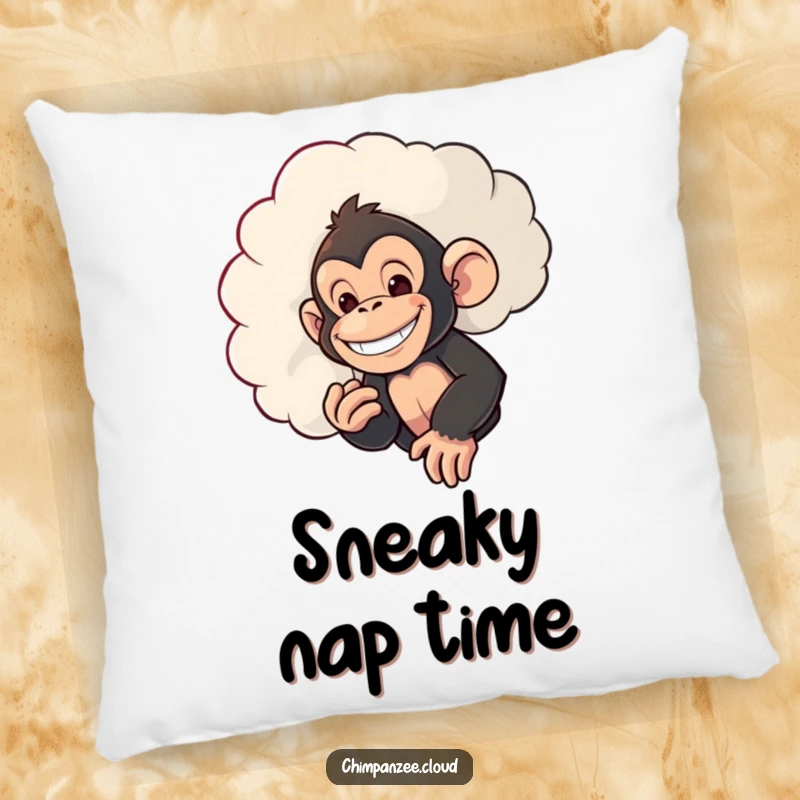 Funny pillow featuring a mischievous chimpanzee with a grin, peeking from behind a cloud, offering comfort and a playful touch.