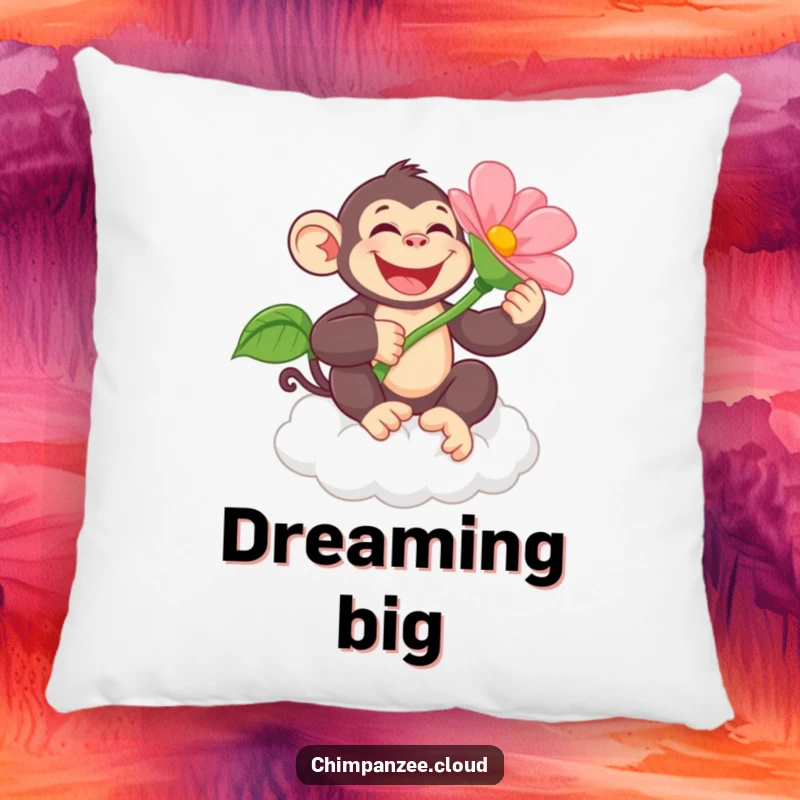 Funny chimpanzee character holding a big flower, resting on a cloud, making this pillow a soft and humorous decorative accent.